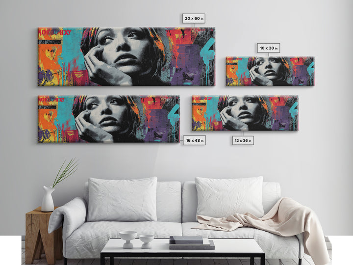 Neon Portrait with Thick Black Outlines Canvas Print, Pop Art, Painting, Living Room Decor, Fine Art, Pop, Apartment Decor, POP-3x1-92