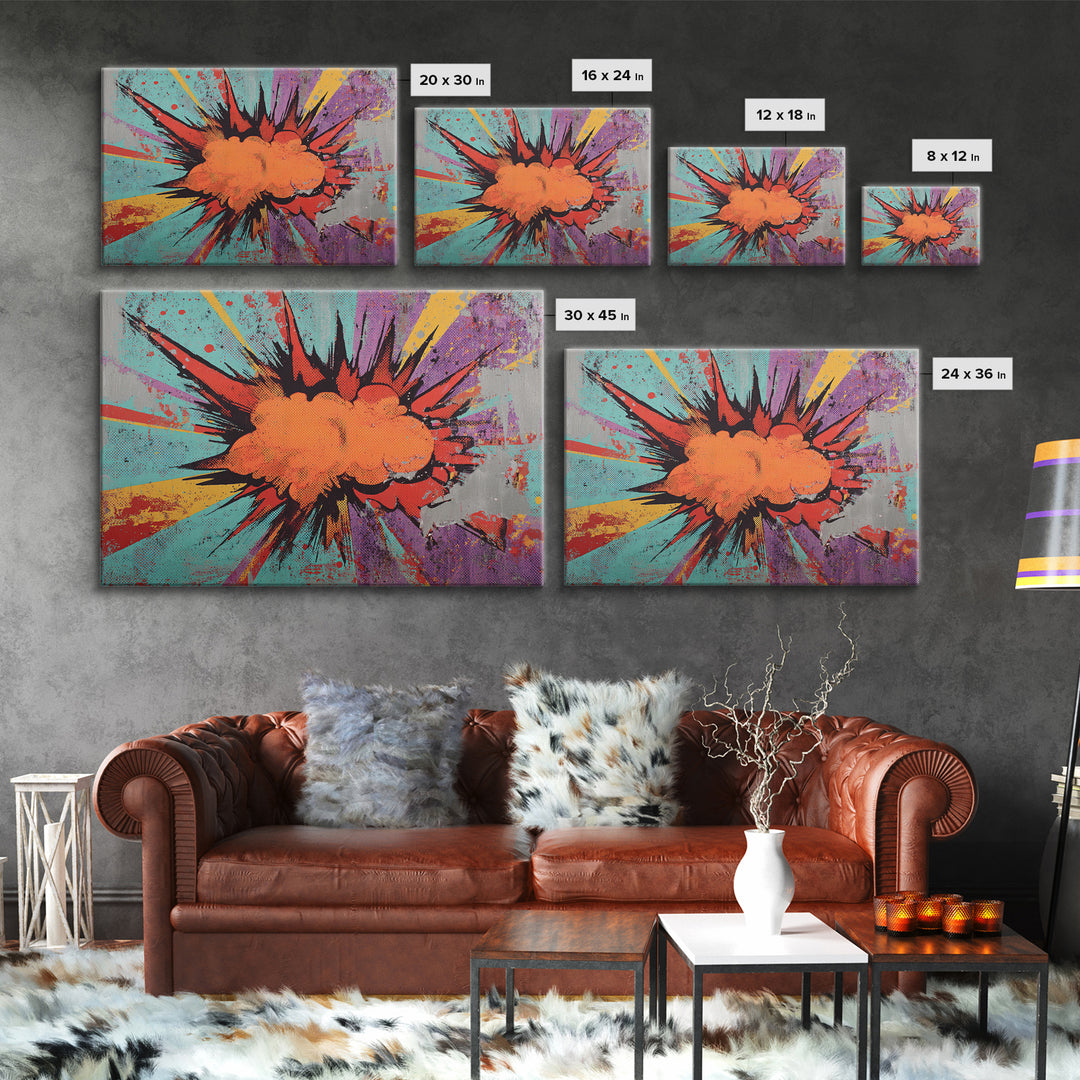 Exploding Starburst Shapes Without Text Framed Canvas Print, Pop Art, Custom Portrait, Living Room Decor, Fine Art, Pop, POP-3x2-14