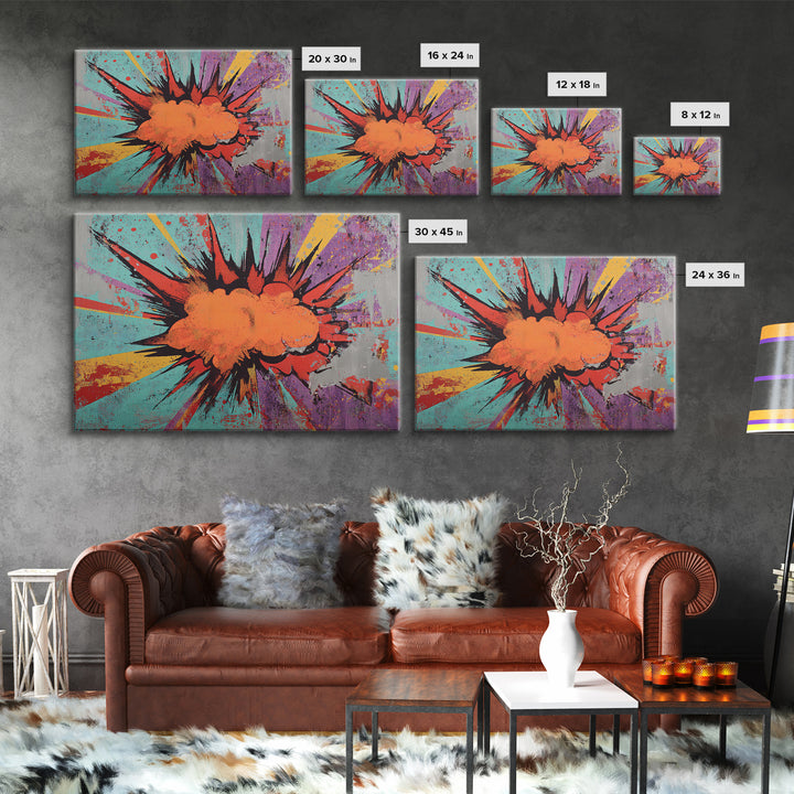 Exploding Starburst Shapes Without Text Framed Canvas Print, Pop Art, Custom Portrait, Living Room Decor, Fine Art, Pop, POP-3x2-14