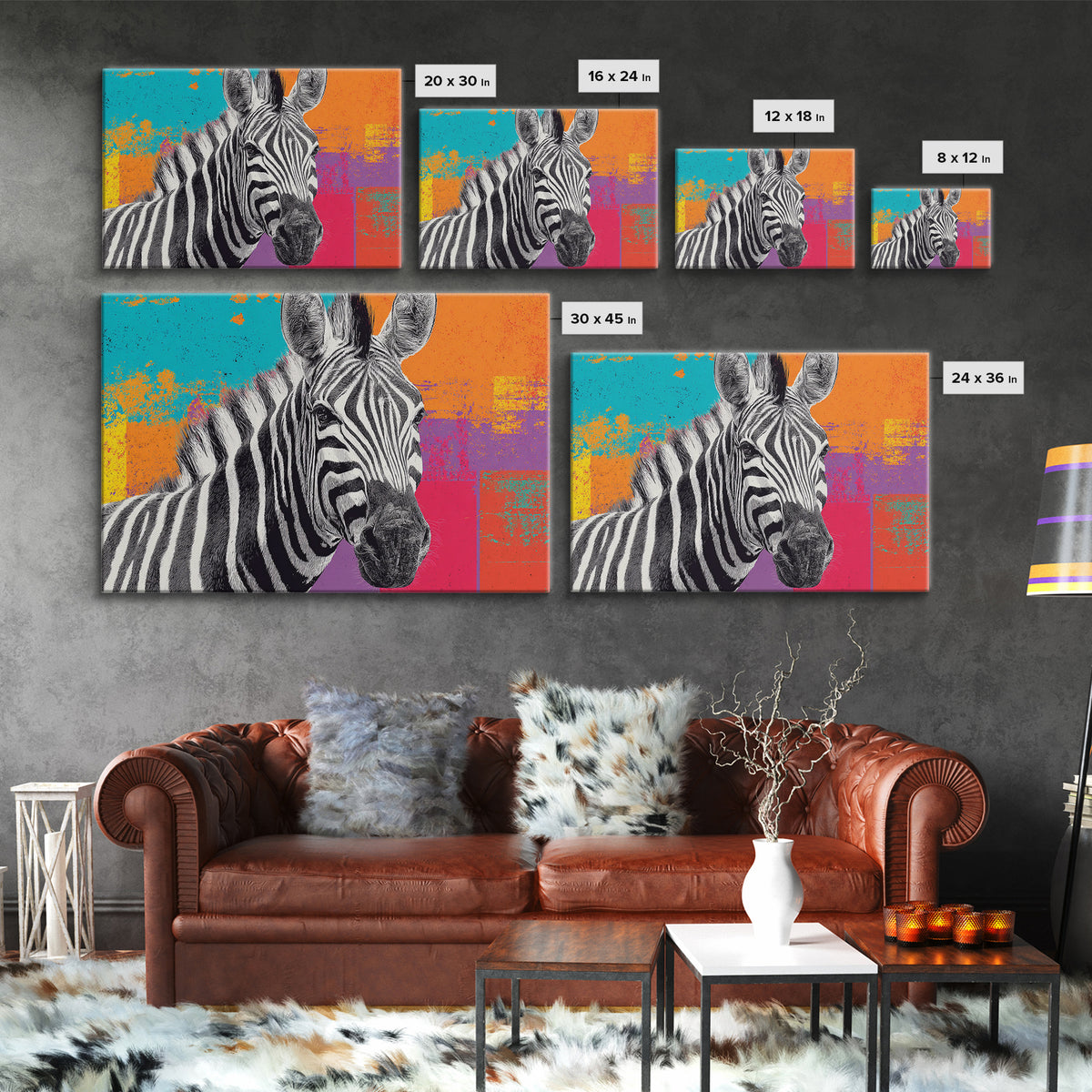 Zebra in Rainbow Pop Pattern Canvas Print, Pop Art, Portrait, Living Room Decor, Pop, Graffiti Art, Eclectic Home Decor, POP-3x2-17