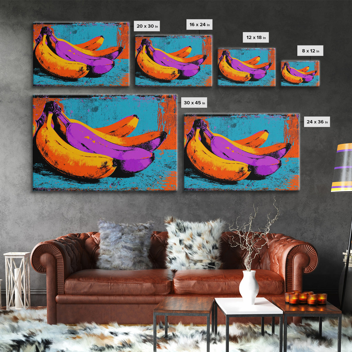 Bright Banana Still Life Canvas Print, Pop Art, Portrait, Living Room Decor, Fine Art, Pop, Graffiti Art, Eclectic Home Decor, POP-3x2-30