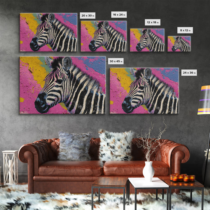 Zebra in Rainbow Pop Pattern Framed Canvas Print, Pop Art, Canvas Painting, Living Room Decor, Watercolor Art, Pop, POP-3x2-41