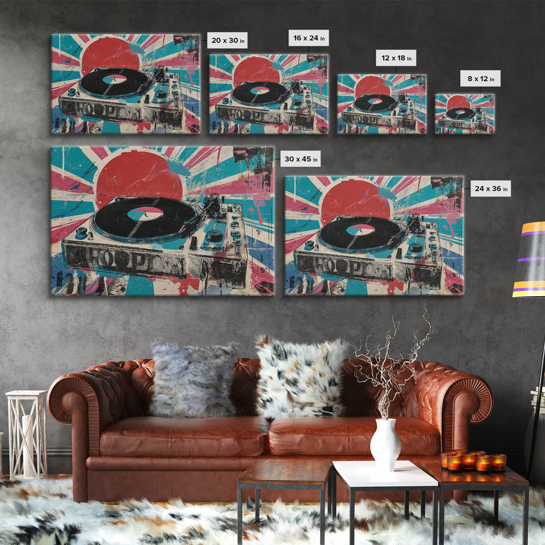 Record Player with Graphic Sound Rays Framed Canvas Print, Pop Art, Bedroom Decor, Living Room Decor, Oil Painting, Pop, POP-3x2-74