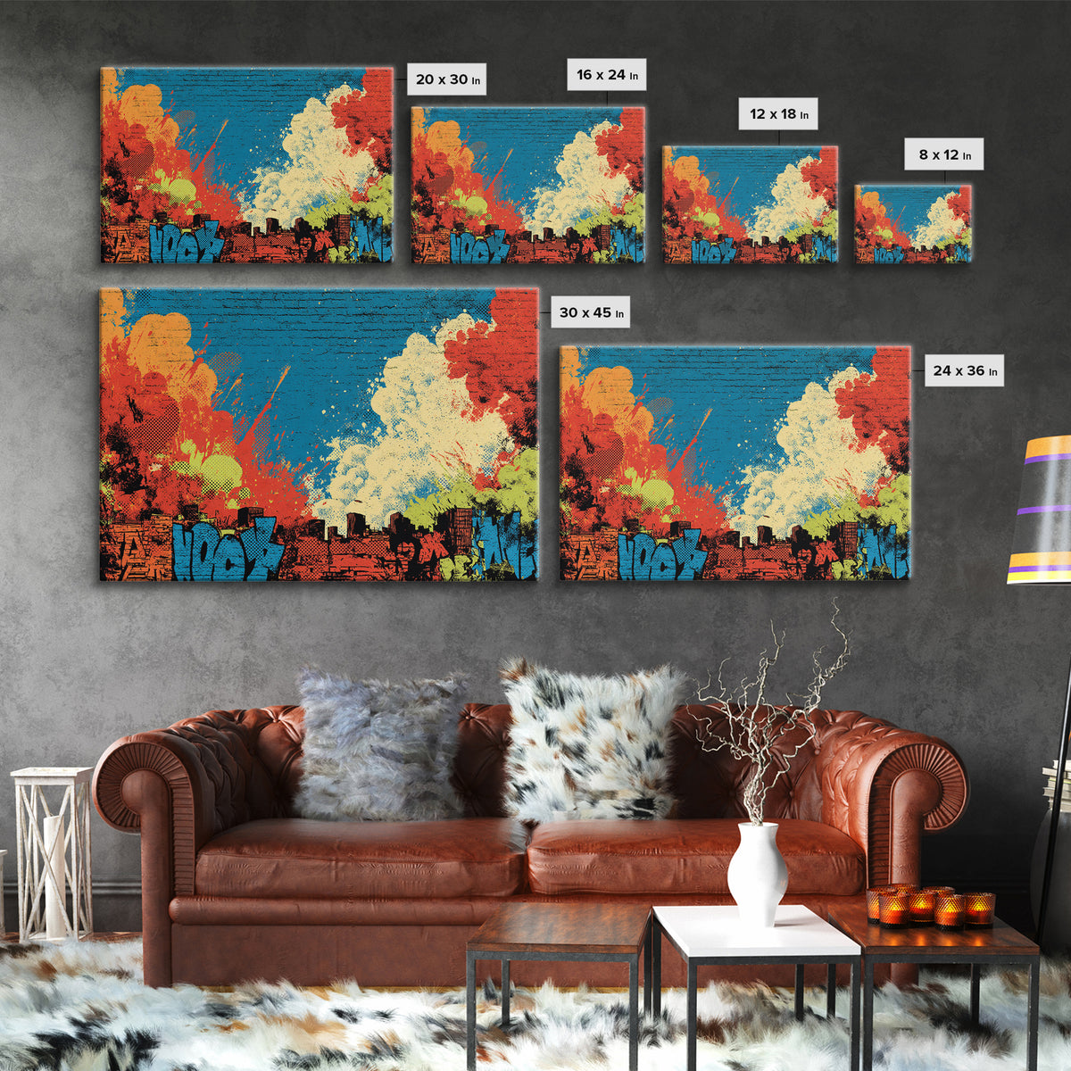Comic Book City Skyline Framed Canvas Print, Pop Art, Football Wall Art, Living Room Decor, Abstract Art, Pop, Art Print, POP-3x2-81