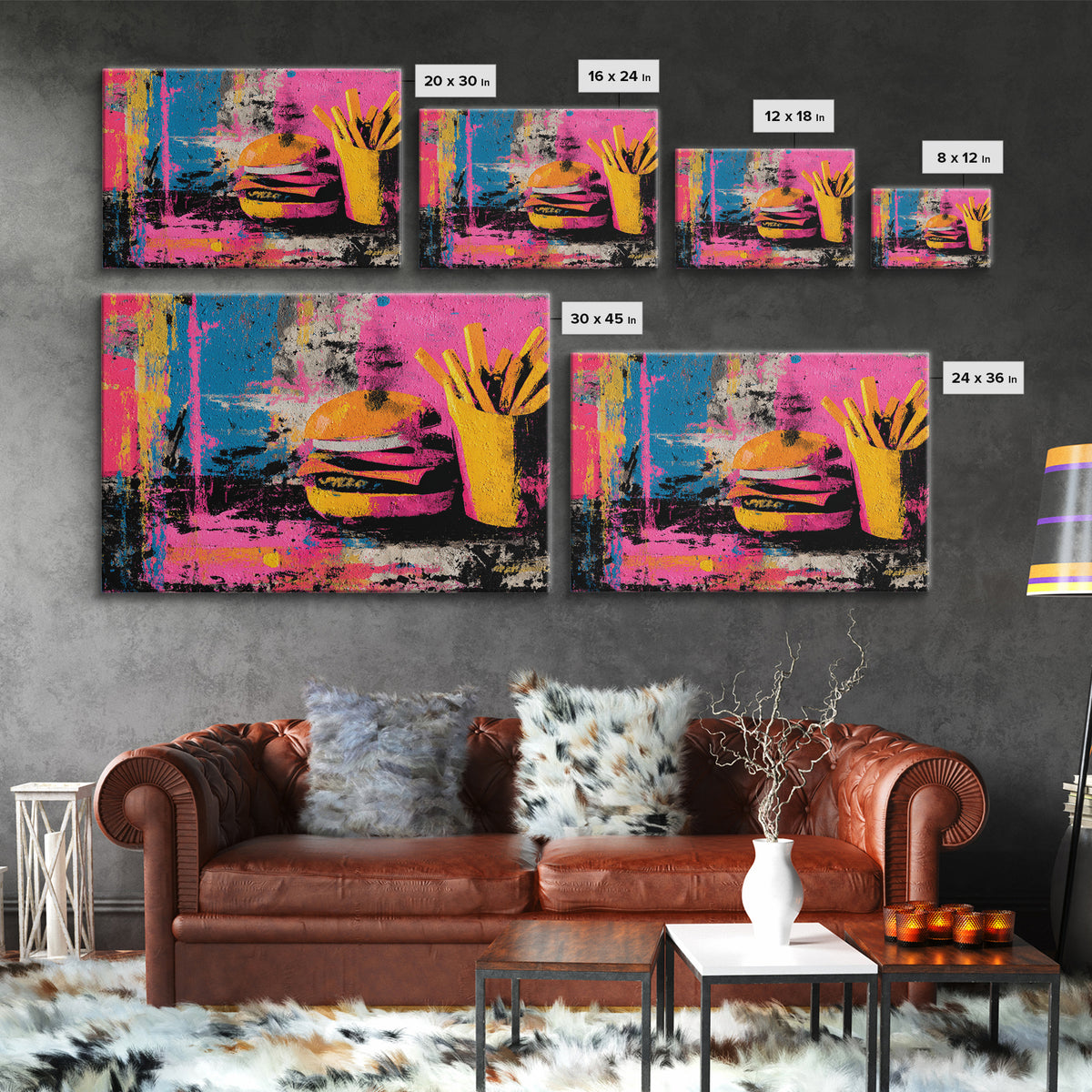 Hamburger and Fries Framed Canvas Print, Pop Art, Party Decor, Living Room Decor, Fine Art, Pop, Textured Painting, POP-3x2-85