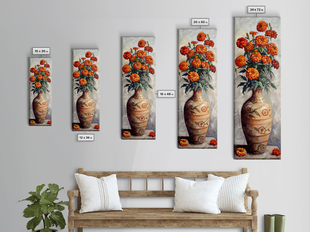 Orange Marigolds in Vase Painted on Textured Canvas, Tall and Narrow Framed Art, Botanical Art Print for Kitchen, Gallery Art, Moody Art