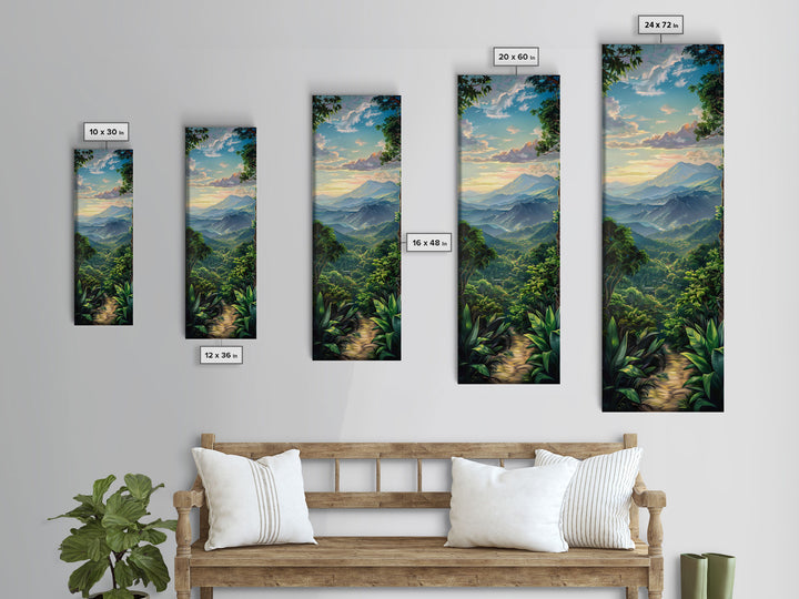Jungle Landscape Canvas Painting, Tropical Wall Art Print, Mountain Art Printed on Framed Canvas, Oversized Narrow Landscape Art