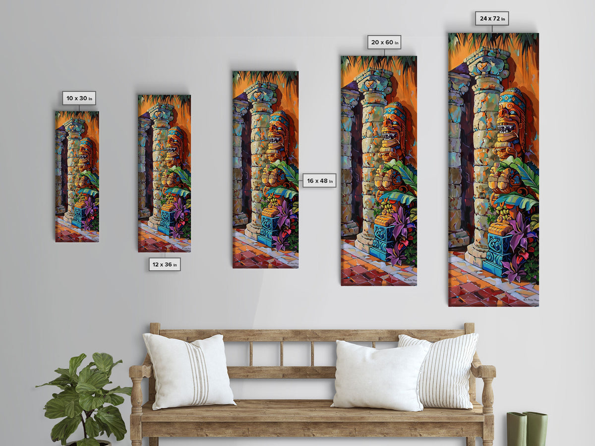 Colorful Tiki Wall Art Print Framed on Canvas, Long Narrow Wall Art for Beach House, Beach Themed Decor, Textured Canvas Painting Printed