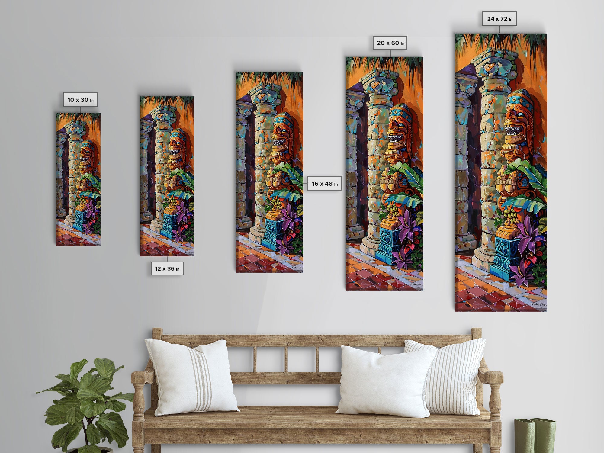 Colorful Tiki Wall Art Print Framed on Canvas, Long Narrow Wall Art for Beach House, Beach Themed Decor, Textured Canvas Painting Printed