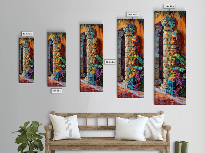 Colorful Tiki Wall Art Print Framed on Canvas, Long Narrow Wall Art for Beach House, Beach Themed Decor, Textured Canvas Painting Printed