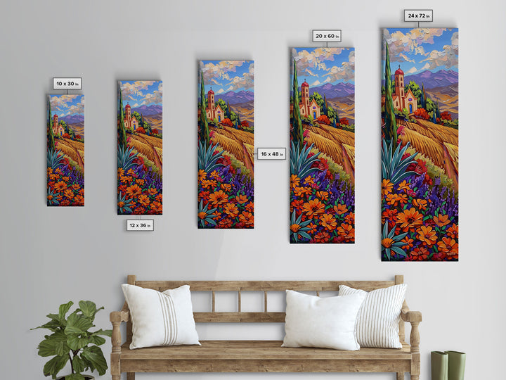 Framed and Printed Canvas Painting of Colorful Tuscan Countryside, Gouache Textured Canvas Painting, Botanical Wall Art Print, Skinny Art