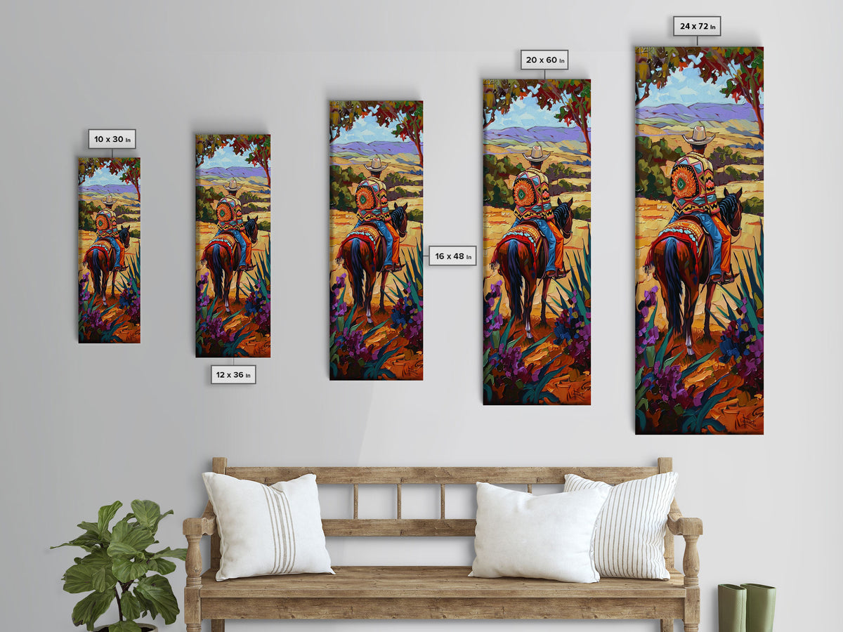 Long Narrow Wall Art Painting of Jalisco Cowboy, Southwest Wall Art Painting, Colorful Desert Canvas Painting Framed and Printed, Office Art