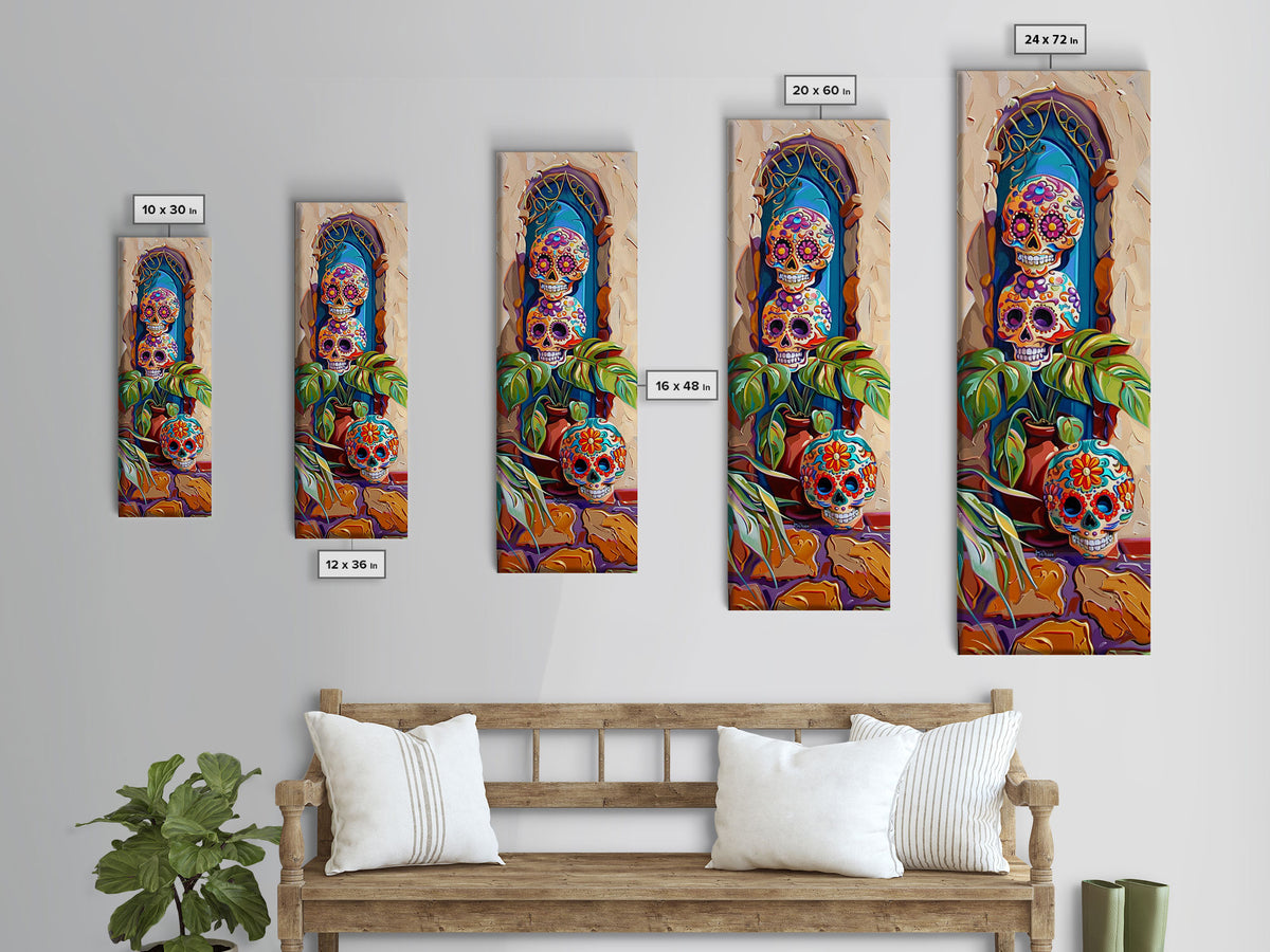 Day of The Dead Inspired Mexican Canvas Painting Framed, Long Narrow Wall Art Print, Spanish Style Home Decor, Contemporary Art Print
