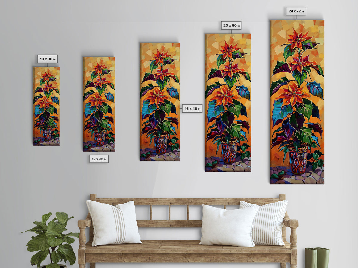 Oversized Spanish Style Poinsettia Canvas Painting Framed and Printed, Botanical Wall Art, Textured Canvas Painting, Vertical Framed Art