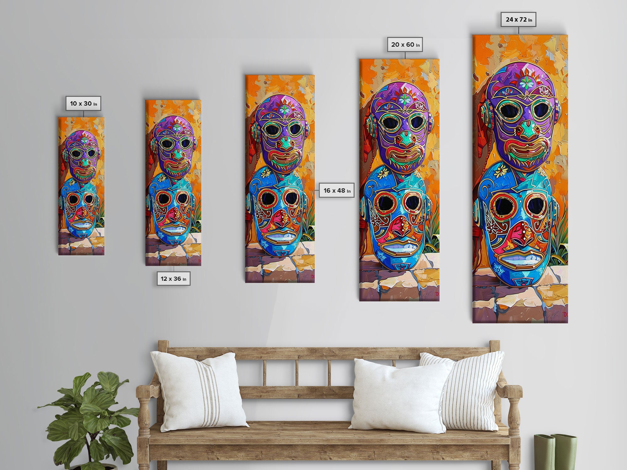 Colorful Tribal Art Painting Framed on Canvas, Spanish Style Canvas Painting, Vertical Framed Art for Living Room, Modern Canvas Art