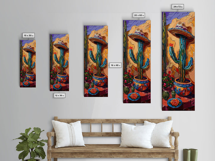 Colorful Canvas Painting of Mexican Saguaro Cactus Framed, Southwest Home Decor, Western Wall Art for Living Room, Housewarming Gift for Her