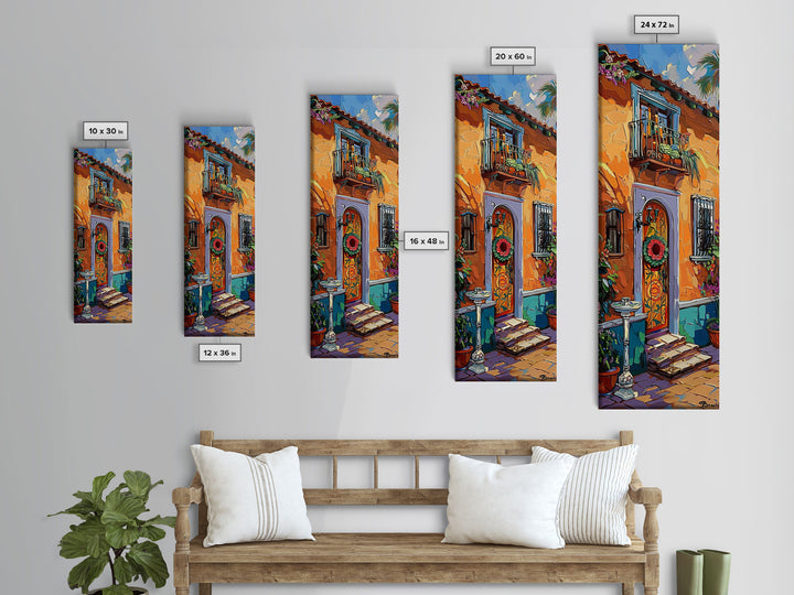 Spanish Inspired Acrylic Painting Framed and Printed on Canvas, Long and Narrow Vertical Art, Colorful Botanical Wall Art for Living Room