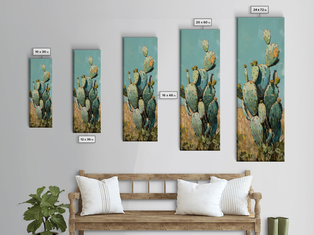 Botanical Desert Art Print of Cactus Framed on Canvas, Framed Western Art, Colorful Landscape Painting, Vertical Art for Living Room