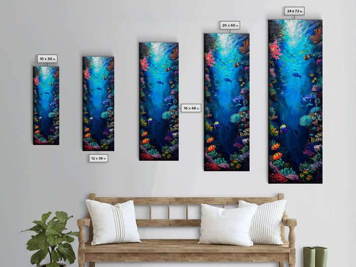 Oversized Vertical Framed Canvas Painting of Colorful Coral Reef, Ocean Painting Framed, Ocean Landscape Wall Art Print, Vibrant Art