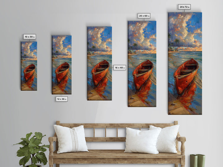 Red Boat on Sandy Shore with Palm Trees - Framed Canvas Print, Midcentury Modern Wall Art, Skinny Art, Tall Art, Living Room Decor