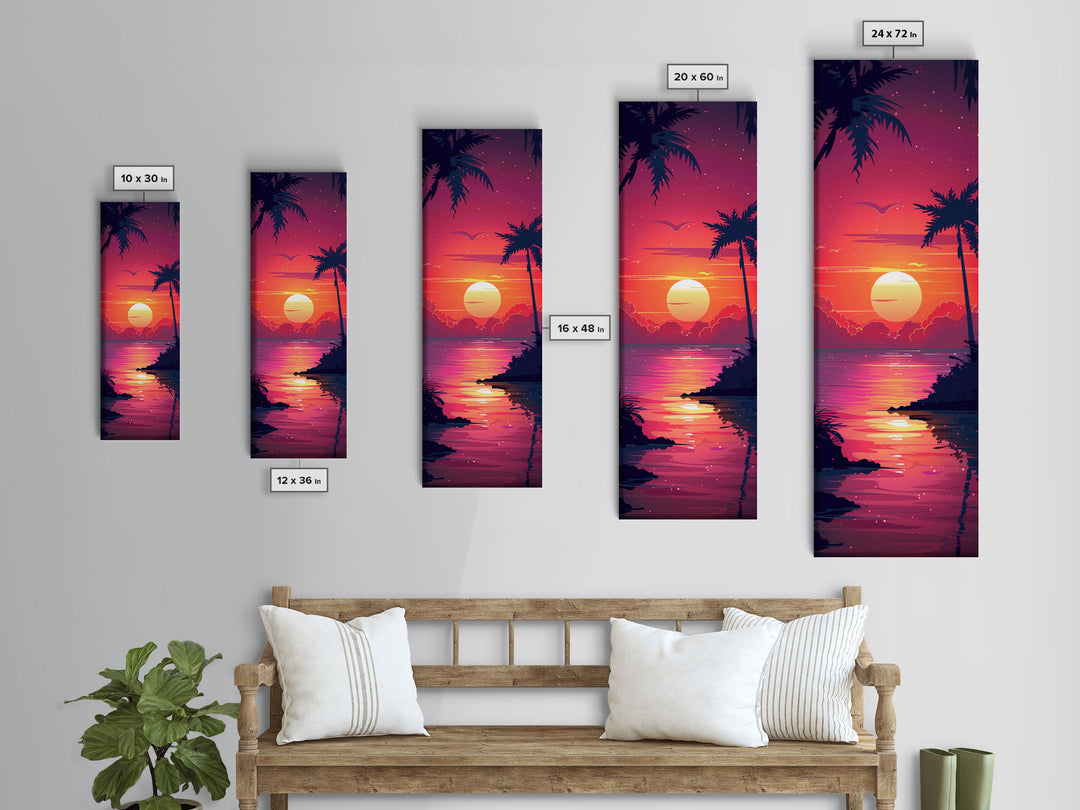 Retro Tropical Sunset Midcentury Modern Art - Framed Canvas Print, Boho Art, Skinny Art, Living Room Art, Bedroom Decor, Coastal Wall Art