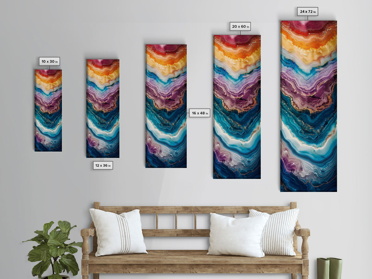 Multicolor Layered Geode Art - Framed Canvas Print, Midcentury Modern Skinny Art, Tall Wall Art for Living Room or Bedroom Decor