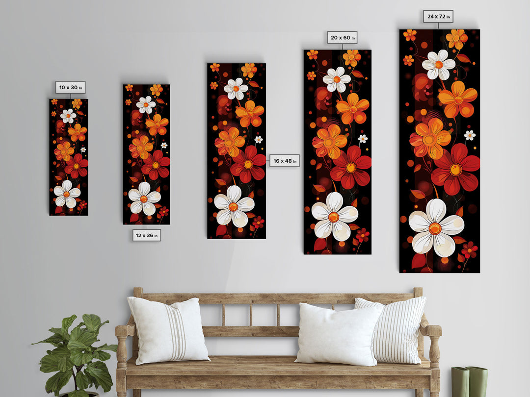 Floral Pattern in Bold Colors - Framed Canvas Print, Midcentury Modern Skinny Art, Tall Wall Art for Living Room or Bedroom Decor
