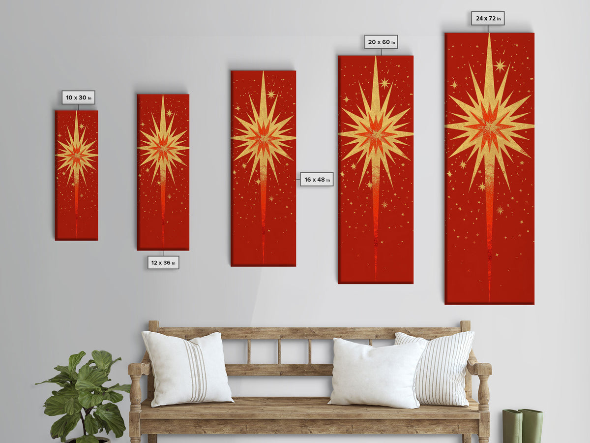 Retro Sunburst Art on Distressed Background - Framed Canvas Print, Midcentury Modern Skinny Art, Tall Wall Art for Living Room or Bedroom Decor