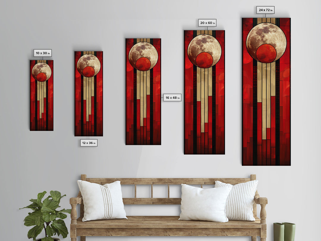 Lunar and Sun Geometric Art in Red and Beige Tones - Framed Canvas Print, Midcentury Modern Art, Skinny Art, Tall Art, Living Room Wall Decor