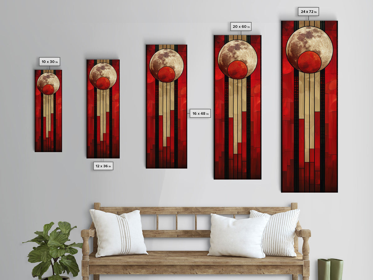 Lunar and Sun Geometric Art in Red and Beige Tones - Framed Canvas Print, Midcentury Modern Art, Skinny Art, Tall Art, Living Room Wall Decor