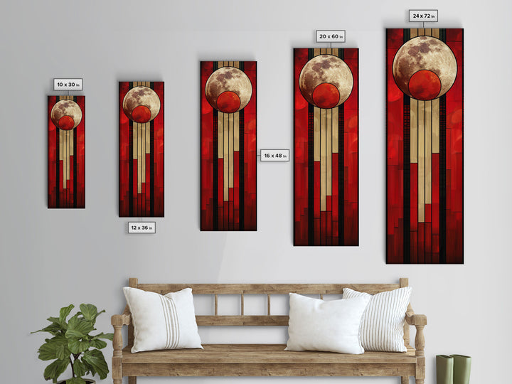 Lunar and Sun Geometric Art in Red and Beige Tones - Framed Canvas Print, Midcentury Modern Art, Skinny Art, Tall Art, Living Room Wall Decor