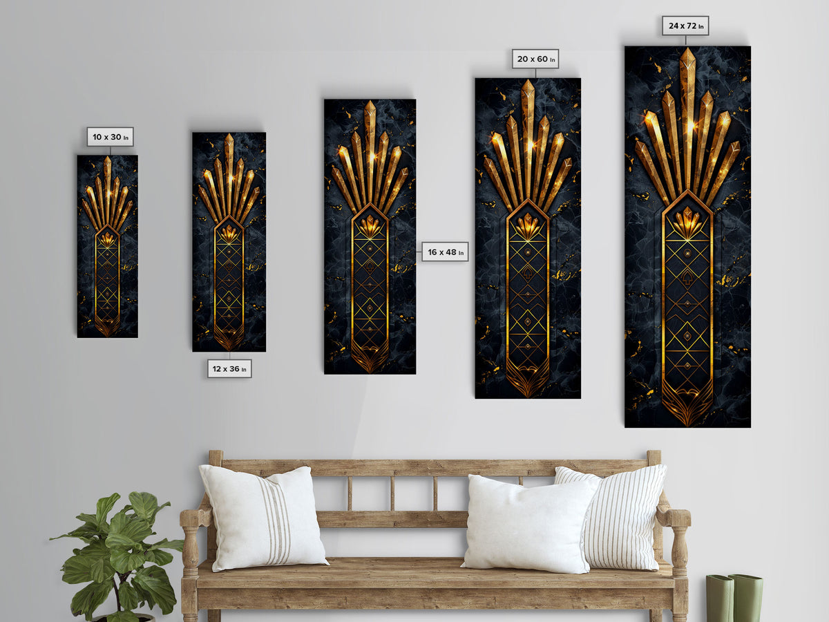 Gold Geometric Art Deco Pattern on Black Background - Framed Canvas Print, Midcentury Modern Art, Skinny Art, Tall Art, Living Room Wall Decor