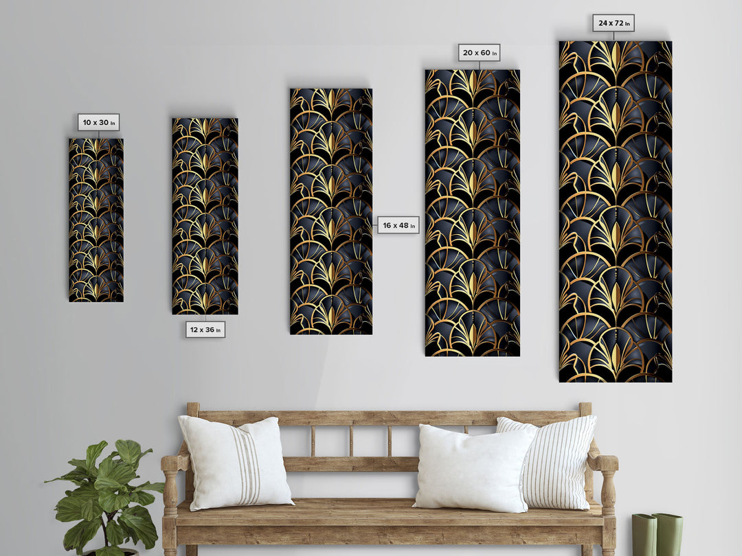 Gold Art Deco Pattern on Black Background - Framed Canvas Print, Midcentury Modern Art, Skinny Art, Tall Art, Living Room Wall Decor, Minimalist Art