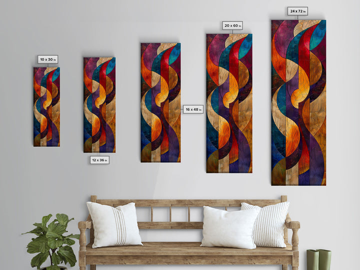 Colorful Abstract Design in Swirling Patterns - Framed Canvas Print, Midcentury Modern Art, Skinny Art, Tall Art, Living Room Wall Decor, Boho Art
