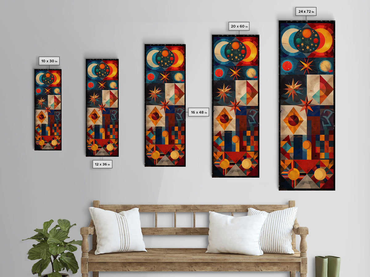 Geometric Cosmic Design in Red and Blue Tones - Framed Canvas Print, Midcentury Modern Art, Skinny Art, Tall Art, Living Room Wall Decor, Boho Art