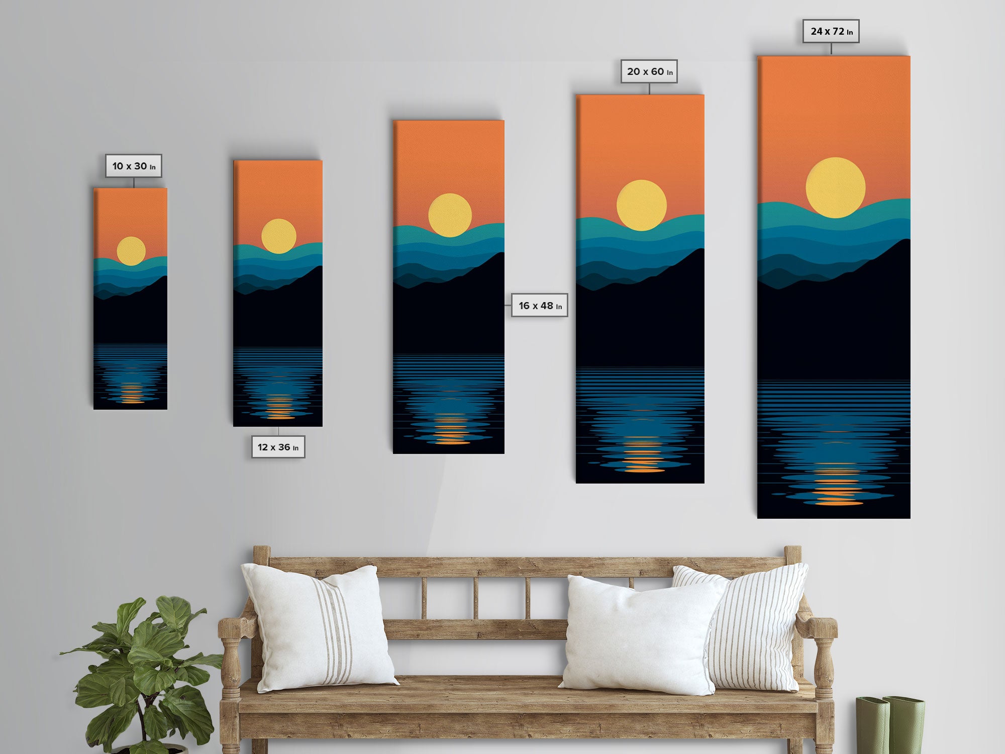 Minimalist Sunset Over Mountains Midcentury Modern Art - Framed Canvas Print, Boho Art, Skinny Art, Living Room Art, Bedroom Decor, Landscape