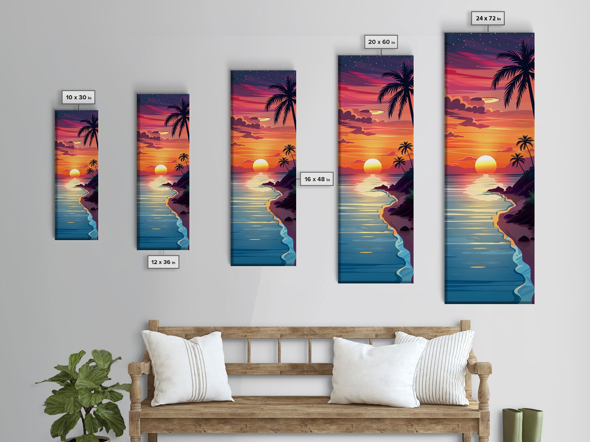 Coastal Sunset Palm Trees Midcentury Modern Art - Framed Canvas Print, Boho Art, Skinny Art, Living Room Art, Bedroom Decor, Tropical Landscape