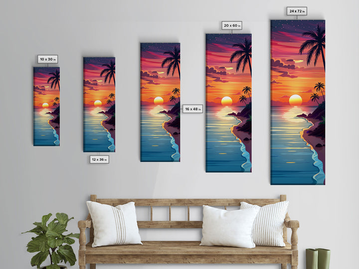 Coastal Sunset Palm Trees Midcentury Modern Art - Framed Canvas Print, Boho Art, Skinny Art, Living Room Art, Bedroom Decor, Tropical Landscape