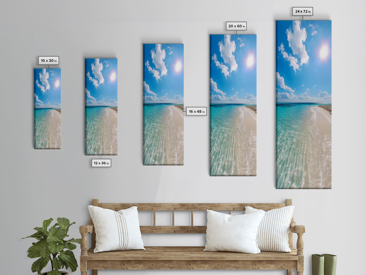 Serene Coastal Shoreline Landscape Painting in Blue and Orange Hues, Modern Framed Canvas Print, Ideal for Contemporary Wall Art Décor