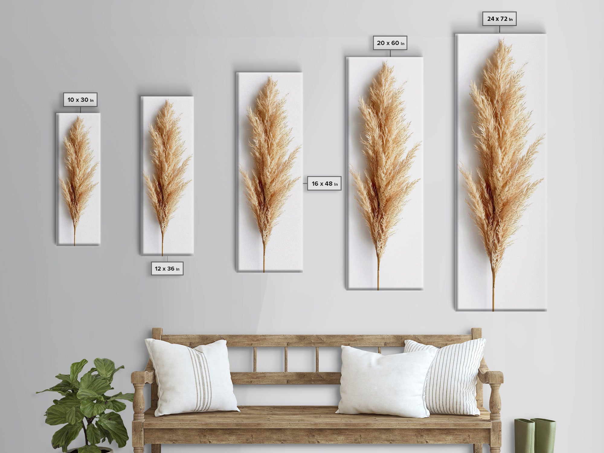 Pampas Grass Botanical Art - Framed Canvas Print, Skinny Tall Art, Minimalist Wall Art for Living Room, Bedroom Decor, Botanical Print