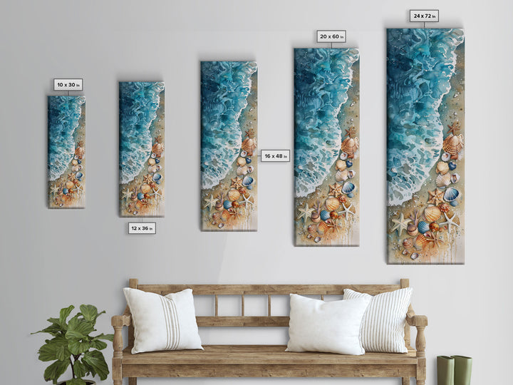 Coastal Beach Watercolor Painting - Framed Canvas Print, Skinny Tall Art, Wall Art for Living Room, Bedroom Decor, Beach Scene Art, Ocean View Print