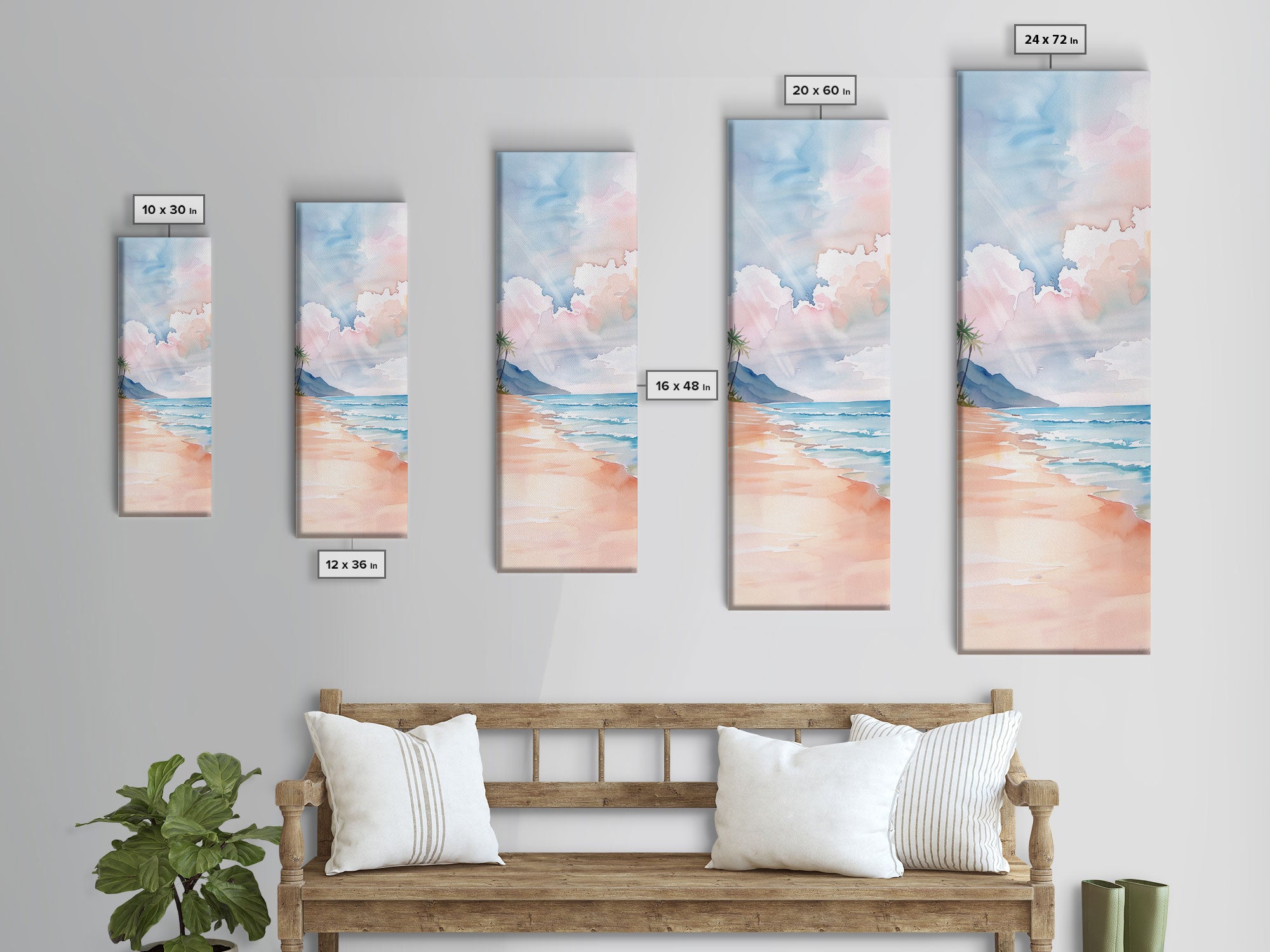 Gentle Shoreline Watercolor Art - Framed Canvas Print, Farmhouse Art, Boho Art, Skinny Art, Tall Art, Living Room Decor, Beach Wall Art for Home Decor