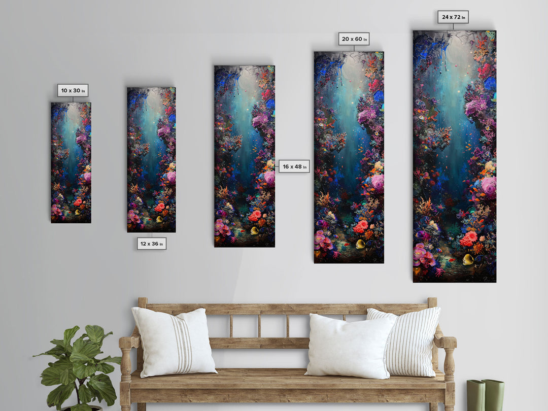 Deep Sea Adventure with Colorful Coral Reefs, Skinny and Tall Art, Stunning Framed Canvas Print, Underwater Landscape Wall Art
