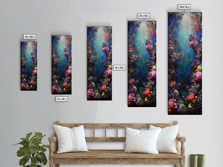 Deep Sea Adventure with Colorful Coral Reefs, Skinny and Tall Art, Stunning Framed Canvas Print, Underwater Landscape Wall Art