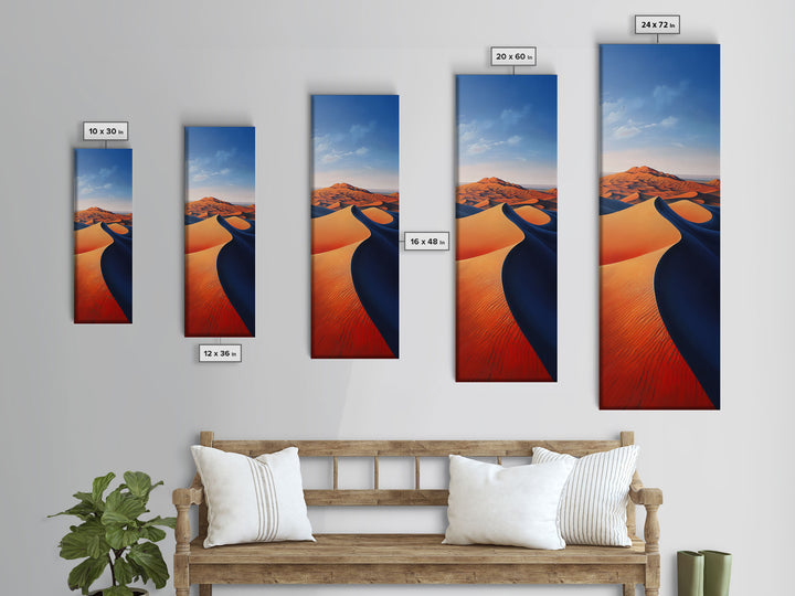 Serene Desert Dunes Under a Clear Sky, Skinny and Tall Art, Minimalist Framed Canvas Print, Modern Wall Decor