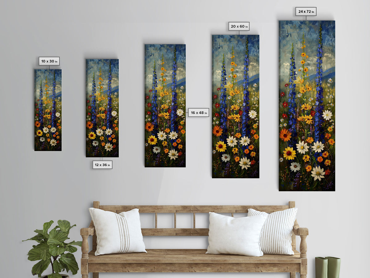 Lush Wildflowers in a Vibrant Meadow, Skinny and Tall Art, Colorful Floral Landscape, Framed Canvas Print, Nature Lovers