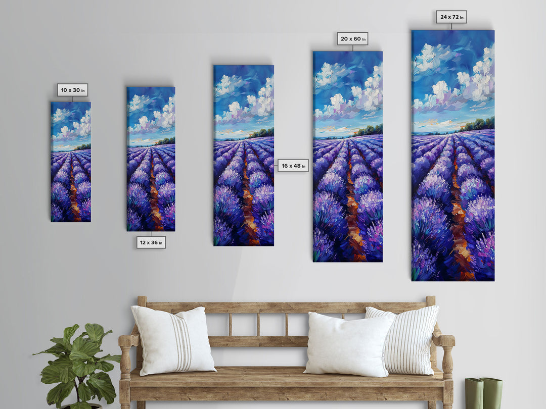 Expansive Lavender Fields Under a Bright Sky, Skinny and Tall Art, Bold Framed Canvas Print, Landscape Wall Art