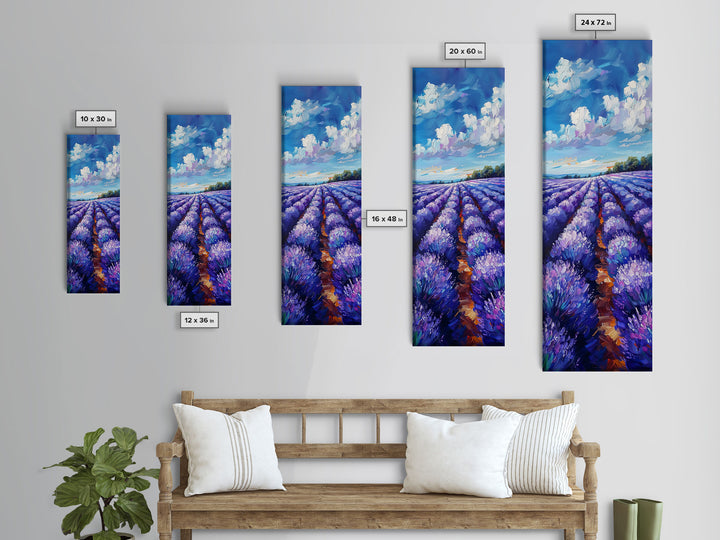 Expansive Lavender Fields Under a Bright Sky, Skinny and Tall Art, Bold Framed Canvas Print, Landscape Wall Art