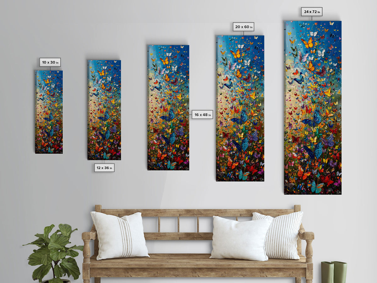 Burst of Colorful Butterflies in a Floral Meadow, Skinny and Tall Art, Energetic Framed Canvas Print, Vibrant Wall Art