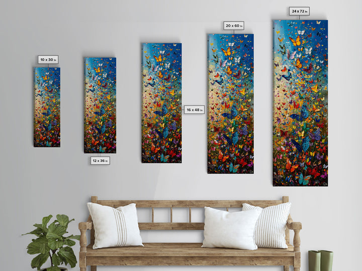 Burst of Colorful Butterflies in a Floral Meadow, Skinny and Tall Art, Energetic Framed Canvas Print, Vibrant Wall Art